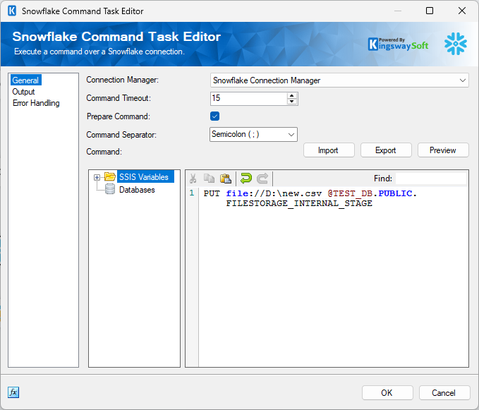 Use KingswaySoft Command Task to perform PUT command to upload files